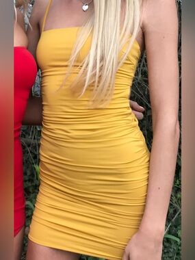 Tiger Mist Mustard Ruched Spaghetti-Strap Mini Dress